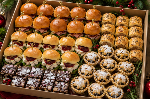 Christmas catering platters in New Plymouth with festive sliders, sausage rolls, mince pies and rocky road. Perfect for office and end-of-year celebrations.