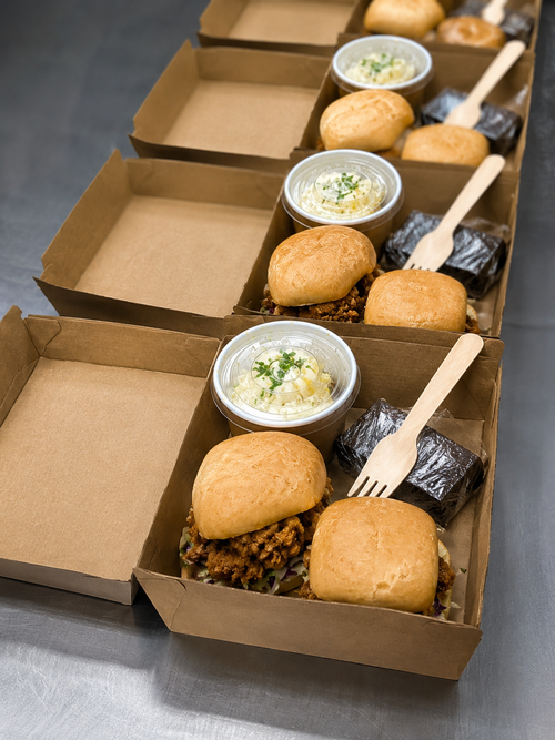 Field to Fork classic catering lunch box with sliders salad and sweet treat
